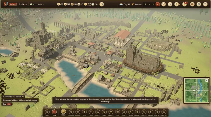 Summer, day 16: a restored temple, scaffolding round a landmark, and the village spreading along the river.