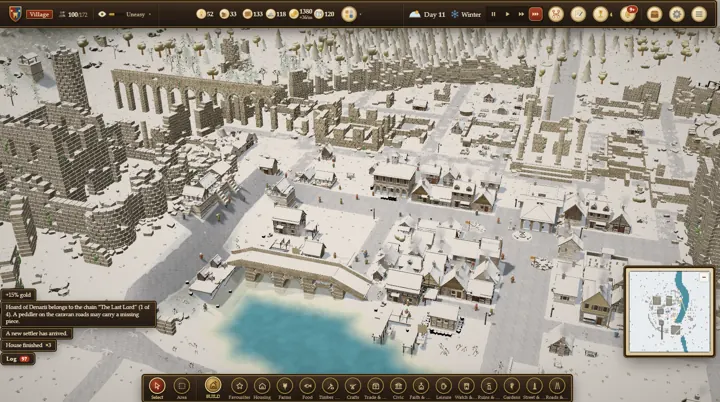 Winter: snow on the roofs, smoke from the chimneys, and the old aqueduct behind the town.