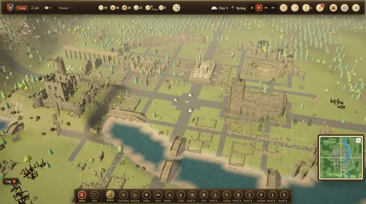 Day one: six settlers make camp in the empty streets of Aurelis.