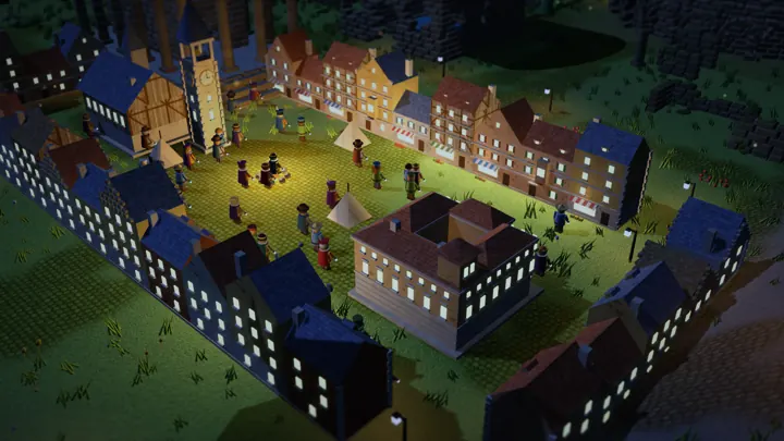 Night: lit windows and lanterns round the town square. (Earlier build)