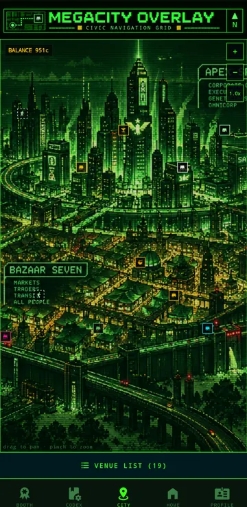 The city map: Apex Spire over Bazaar Seven, with every venue pinned.
