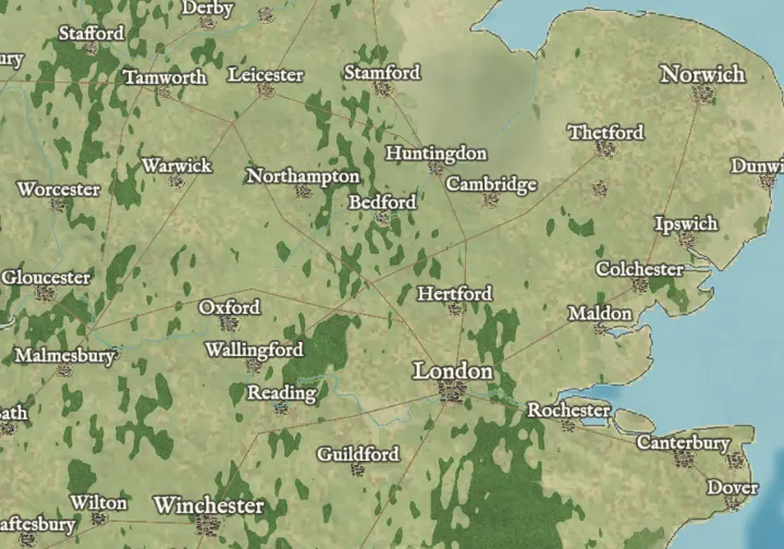 England around 1000: towns, roads and the woods between them.