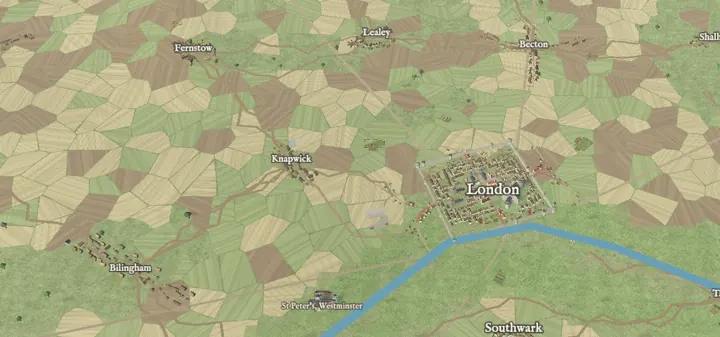 Closer in: walled London, its villages and open fields along the Thames.